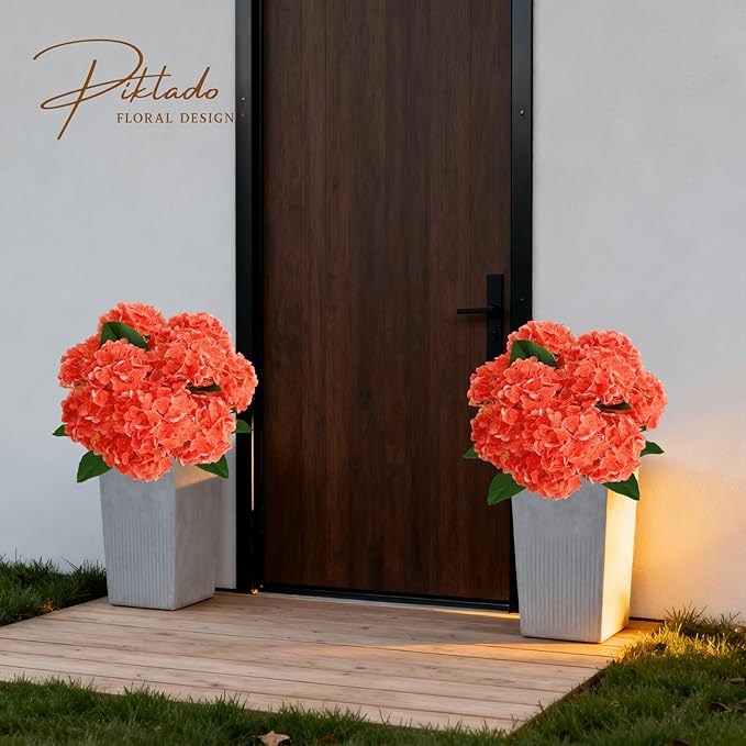 A Bunch 21in, Real Touch Hydrangea Artificial Flowers, with 5pcs Flower Head 8pcs Leaves, Faux Hydrangea Flowers for Home Office Decor Wedding Party Arrangements (2, Orange-red)