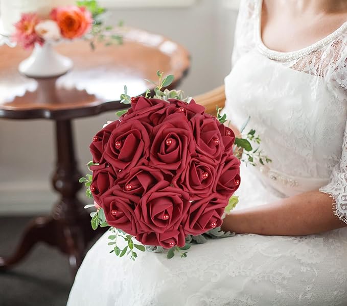 50PCS Foam Roses with Pearls 2.56in Burgundy Roses Artificial Flowers Bulk Foam Flowers with Stem for Wedding, Bridal Shower, Cake, Graduation and Home Decor(Burgundy)