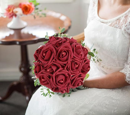 50PCS Foam Roses with Pearls 2.56in Burgundy Roses Artificial Flowers Bulk Foam Flowers with Stem for Wedding, Bridal Shower, Cake, Graduation and Home Decor(Burgundy)