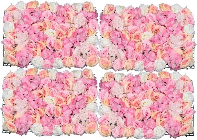 16"x 24" Artificial Flower Wall Panels,Flower Wall Mat Silk Flower Panels for Outdoor Garden Backyard Fence Fence Privacy Screen and Indoor Wall Decor (4Pcs Pink+Champagne+White)