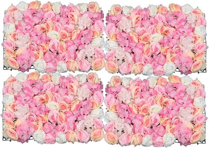 16"x 24" Artificial Flower Wall Panels,Flower Wall Mat Silk Flower Panels for Outdoor Garden Backyard Fence Fence Privacy Screen and Indoor Wall Decor (4Pcs Pink+Champagne+White)