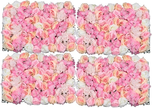 16"x 24" Artificial Flower Wall Panels,Flower Wall Mat Silk Flower Panels for Outdoor Garden Backyard Fence Fence Privacy Screen and Indoor Wall Decor (4Pcs Pink+Champagne+White)