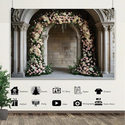 7x5ft Vintage White Pink Floral Backdrop Retro Palace Wall Flowers Arch Photography Background for Wedding Mothers Day Valentines Day Bridal Birthday Princess Couples Women Portraits