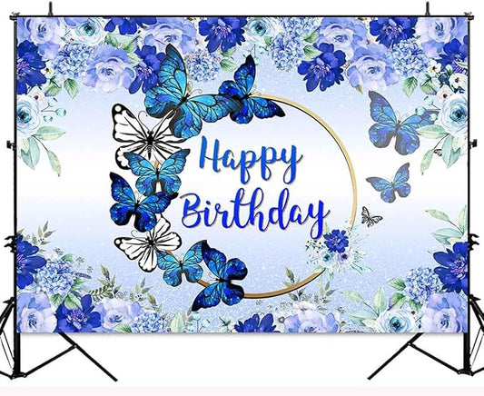 Butterfly Happy Birthday Backdrop Royal Blue Floral Bday Decorations Photography Background Women Blue Flowers Birthday Wishes Party Banner Supplies Photo Booth 10x7ft