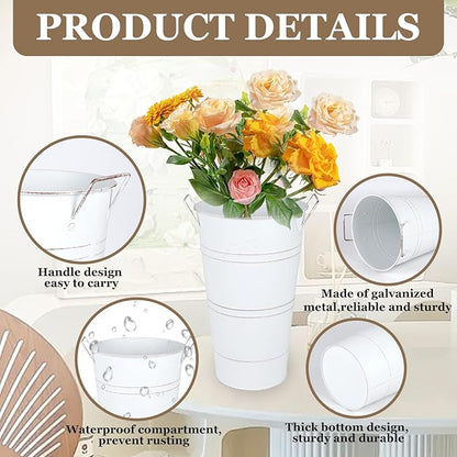 8pcs 12.8inch White Flower Holders for Flower Bar, Galvanized Flower Bucket, Metal Buckets for Party, Rustic Vases for Centerpieces, Floral Vase, Farmstand Supplies (White, 12.8inch Height)