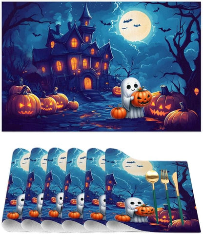 Halloween Cute Ghosts Pumpkin Placemats Set of 1 PVC Vinyl Non Slip Table Mats Heat Resistant Place Mats Washable Wipeable Dining Table Mat for Kitchen Decor Party Indoor Outdoor Decorative Gift