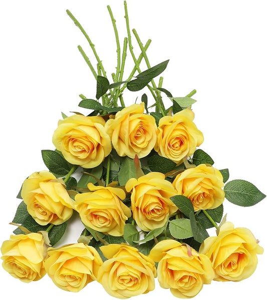Artificial Rose Flower Artificial Flowers Flower with Long Stem Silk Roses Bouquet for Wedding Bridal Shower Party Home Decoration (Yellow, 30 Pcs)
