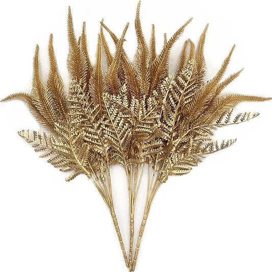 CATTREE Christmas Artificial Plants, Plastic Golden Grass Faux Shrubs Fake Leaves Simulation Setaria Bushes for Home Indoor Outdoor Wedding Hall Table Planter Filler DIY Cut Decorations - Gold 3 Pack