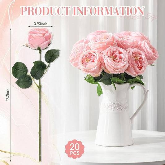 Giegxin 20 Pcs Real Touch Peonies Austin Roses Artificial Flowers, Faux Look Real Long Stems Fake Flower with Big Blooms for Christmas Valentines Wedding Party DIY Arrangement Home Decor(Pink)