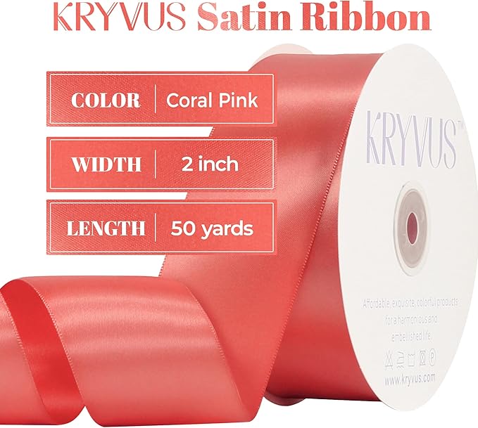 Coral Satin Ribbon, Double Faced 2 Inch X 50 Yards Coral Ribbon, for Gift Wrapping, Crafts, Hair Bow Making, Sewing, Flower Bouquet, Wedding Party Decor