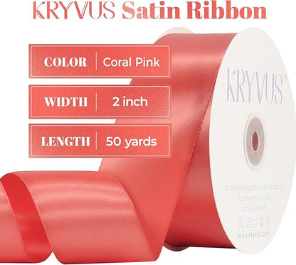 Coral Satin Ribbon, Double Faced 2 Inch X 50 Yards Coral Ribbon, for Gift Wrapping, Crafts, Hair Bow Making, Sewing, Flower Bouquet, Wedding Party Decor