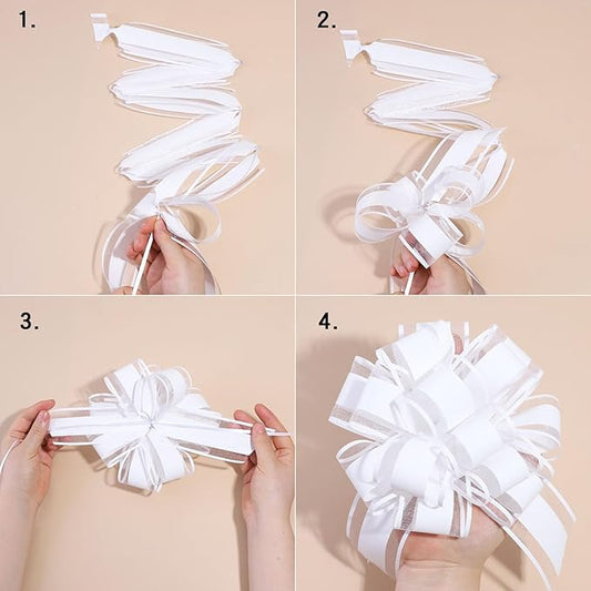 12 Pieces Pull Bow Wrapping Pull Bow Ribbon Pull Bows for Wedding Baskets,6 Inches Diameter Gift Bows, Large Bows for Presents. (White)