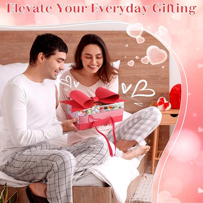 AceOrbit 2 Set Flower Gift Box with Bow Paper Empty Large Red Gift Baskets with Lid and Handle Squared Cardboard Fillable Present Chocolate Packaging for Christmas Valentine Birthdays Bridal Wedding