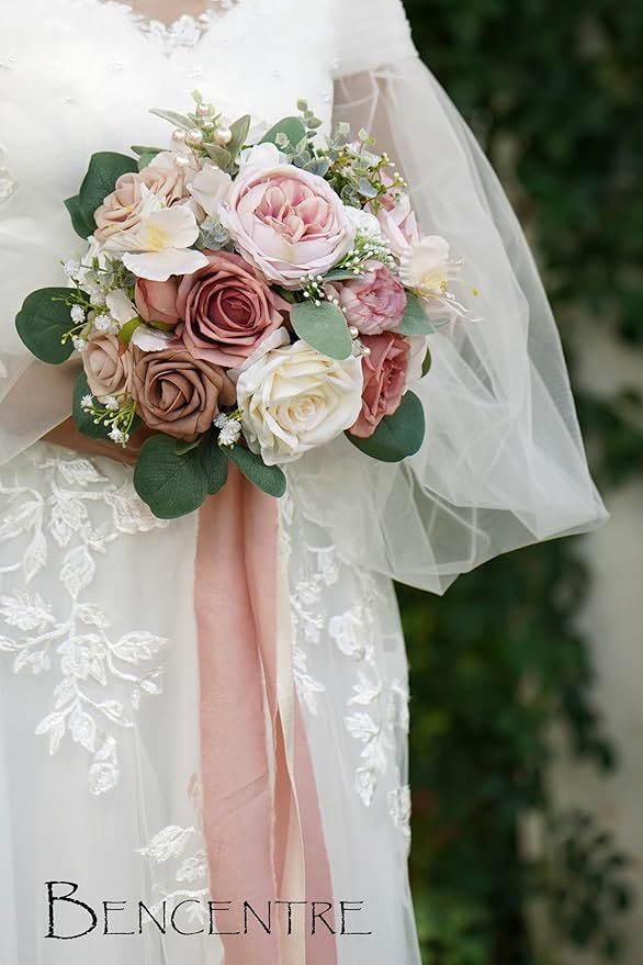 10 Inch Dusty Rose Bridal Bouquet,Wedding Bouquet, Bride Bouquets for Wedding Ceremony Anniversary, Party and French Rustic Vintage Wedding,Artificial Flowers