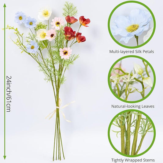 Artificial Flower Bouquet -5 Bundles of 25 Faux Colorful Daisies &Greenery Stems- 24 Inch Realistic Silk Floral Arrangement for Summer Fall Home, Wedding, and DIY Décor