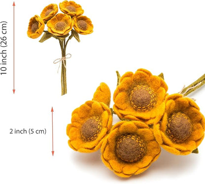 Glaciart One Felt Sunflowers Artificial Bouquet - 5 pcs | Reusable, Washable and Essential Oil Ready Multi Color Artificial Flowers w/Bendable Wire Stems |Great Gift or Home/Event Decorations