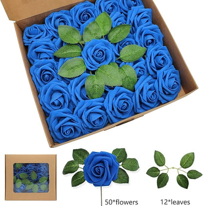 Artificial Roses Flowers 50pcs Real Looking Foam Fake Roses with Stems for DIY Wedding Bouquets Bridal Shower Centerpieces Party Decorations (50, Navy Blue)