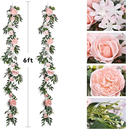 Lvydec 2 Pack Artificial Peony Flower Garland - 6ft Silk Peony Vine Willow Leaves Garland Pink Arch Flower Vine for Wedding Party Table Decoration (Pink)