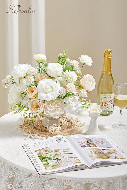Serwalin Artificial White Spring Flowers for Decoration, DIY, Home Decor, Table Centerpieces, Cake Toppers, Wedding Bouquets & Parties