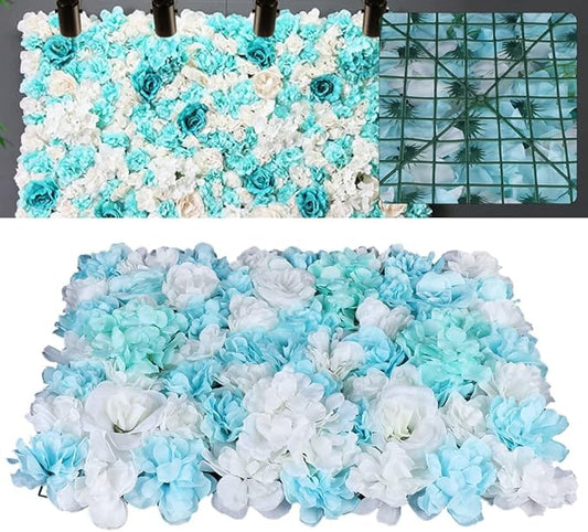 LOYALHEARTDY 12 Pack Artificial Flower Wall Panels 24" x 16" Blue & White Faux Hydrangea and Rose Artificial Flower Backdrop Panels for Wedding Party Event Flower Wall Decor
