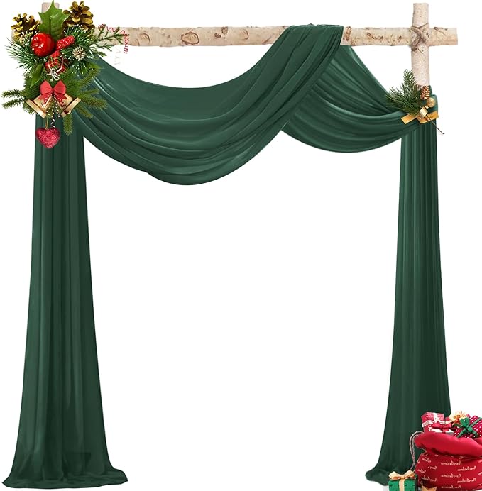 VOK Dark Green Wedding Arch Draping Fabric Chiffon Fabric, 29in x 18Ft 2 Panels Sheer Chiffon Outdoor Curtain for Wedding Ceremony Birthday Party Decoration (Dark Green,2 Panel)