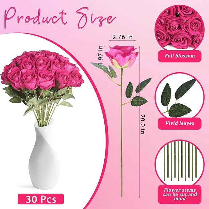30pcs Silk Roses Artificial Flowers Hot Pink Fake Rose with Long Stem for Arrangement Wedding Party Home Decoration