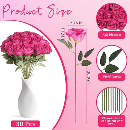 30pcs Silk Roses Artificial Flowers Hot Pink Fake Rose with Long Stem for Arrangement Wedding Party Home Decoration