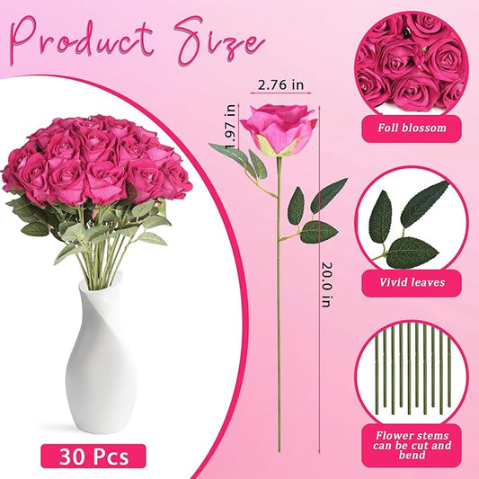 30pcs Silk Roses Artificial Flowers Hot Pink Fake Rose with Long Stem for Arrangement Wedding Party Home Decoration