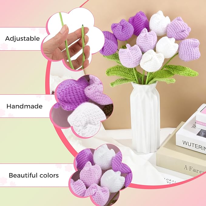 TLY 10 Pcs Crochet Tulips Flowers Artificial Flowers Bouquet Finished Handmade Knitted Tulip Bouquets with Leaf and Long Stem for Home Centerpieces Decor Valentine's Day Wedding Anniversary