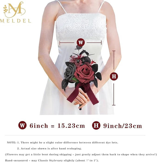 Meldel Wedding Flowers Fake Rose Mini Bridesmaid Bride Bouquets Black Burgundy Set of 6 Small Floral Wedding Centerpieces Decor Artificial Flower Arrangements for Tables Home Party Decorations