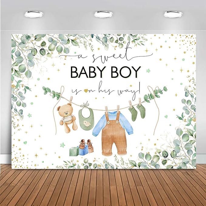 Mocsicka Sweet Baby Shower Backdrop - Princess Pink Greenery Party Banner for Girl Baby Shower Photo Booth (Blue, 6x4ft)