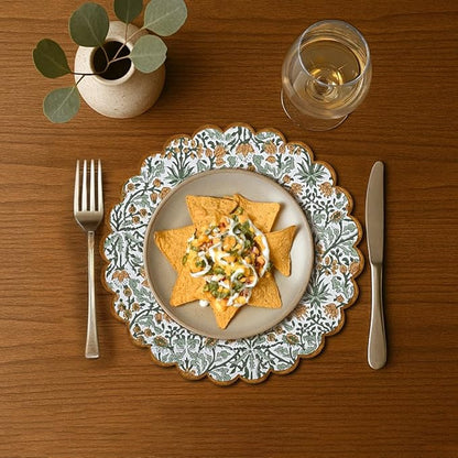 Ridhi Goldenrod Yellow Spring Place Mat Double Layer Floral Cotton Washable Placemats 15" Round Embroidery Block Print Table Mat (Pack of 4-15 Inch Round)