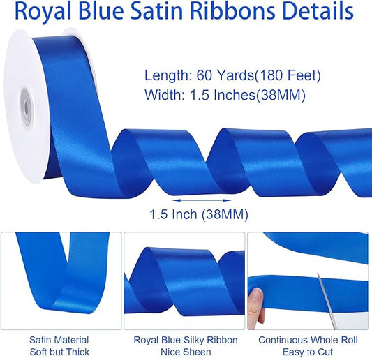 Royal Blue Ribbon 1 1/2 inch 60 Yards Blue Satin Ribbons for Flower Roses Bouquet Bows Making Gift Wrapping Birthday Party Christmas Decorations