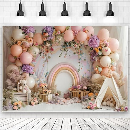 Newborn Baby 1st Birthday Photography Backdrop - Boho Balloons Tent Flower Decor Background for Kids Birthday, Baby Shower Party Portrait Cake Smash Props (7x5ft)