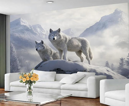 Arctic Wolves Wall Mural, Snow Wolves in Mountain 3D Wall Murals, Winter Wild Animal Wallpaper Mural, for Living Room Bedroom Large Wallpaper Indoor Decor 118" W x 82.6 "H