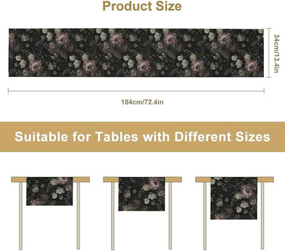 Gothic Floral Table Runner,Vintage Black Pink Rose Print Table Runner for Home Kitchen Table Dining Indoor Outdoor Party Decor 13x90 Inch
