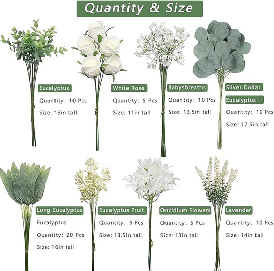 VIERENA Artificial Greenery Stems Box Set(Pack of 75pcs) with 8 Kinds of Faux Plants and Fake Flowers for DIY Wedding Bouquet Table Centerpieces and Floral Arrangement (White&Green)