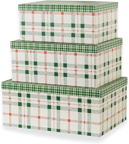 Soul & Lane Plaid Christmas Gift Box - Set of 3: Holiday Decor Storage Box, Decorative Photo Storage, Keepsake Boxes with Lids, Nesting Cardboard Containers for Presents, Seasonal Décor Bins