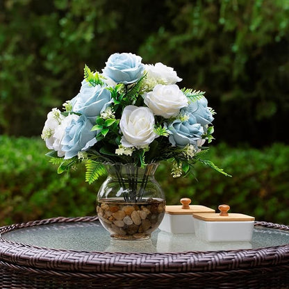 ENOVA FLORAL 18 Heads Silk Rose Artificial Flowers in Vase,Faux Rose Flowers Arrangement in Round Bowl Vase with Faux Water and River Rock for Table Decor Centerpieces (Blue Cream)