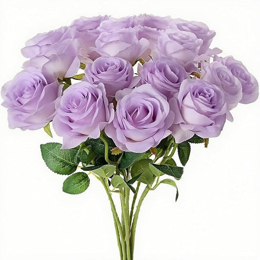 Roses Artificial Flowers 15 PCS, Fake Roses Silk Flowers with Long Stems, Faux Rose for Wedding Centerpieces, Home Decor, Indoor Floral Arrangements, Party Decor, DIY Bouquet (Light Purple)