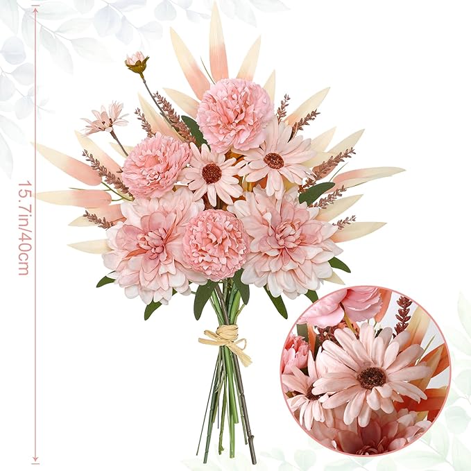 Dremisland Artificial Flowers Bouquet Silk Floral Arrangements Faux Flowers Plant for Home Decor Wedding Bride Bouquets Floral Tables Centerpieces for Home Decor Indoor Vase Table Decor (Pink)