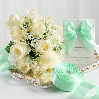 1-1/2 Inches 50 Yards Mint Green Satin Ribbon, Solid Fabric Ribbon Roll for Flower Bouquets, Gift Wrapping, Wedding, Handmade Crafts