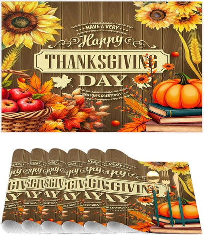 Thanksgiving Holiday Pumpkins Fall Placemats Set of 4 PVC Vinyl Non Slip Table Mats Heat Resistant Place Mats Washable Wipeable Dining Table Mat for Kitchen Decor Party Indoor Outdoor Decorative Gift