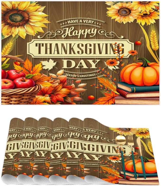 Thanksgiving Holiday Pumpkins Fall Placemats Set of 1 PVC Vinyl Non Slip Table Mats Heat Resistant Place Mats Washable Wipeable Dining Table Mat for Kitchen Decor Party Indoor Outdoor Decorative Gift