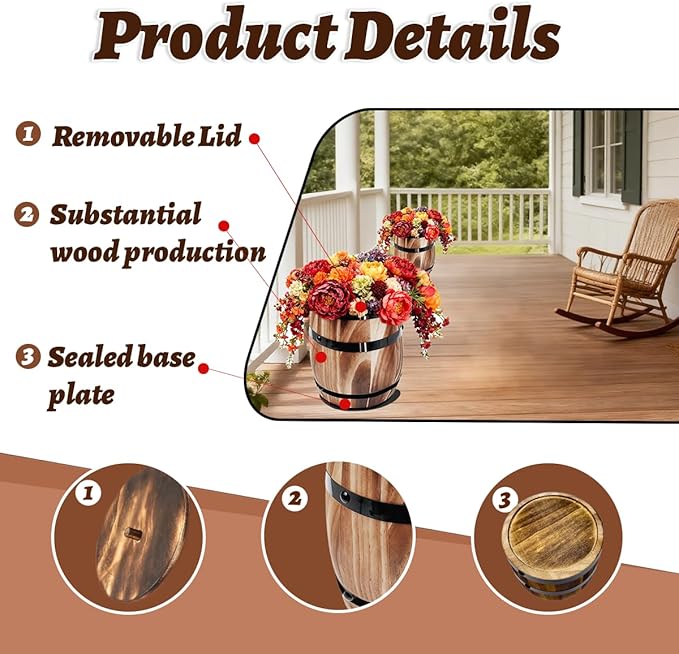 Sunmuliiiy1Pcs Wood Wine Barrel Vase 8" x 6.5" Rustic Wooden Flower Vase Rustic Barrel Barrel Planter for Wedding Reception Table Decoration Home Indoor Outdoor Garden, Kitchen, Party Table Decoration