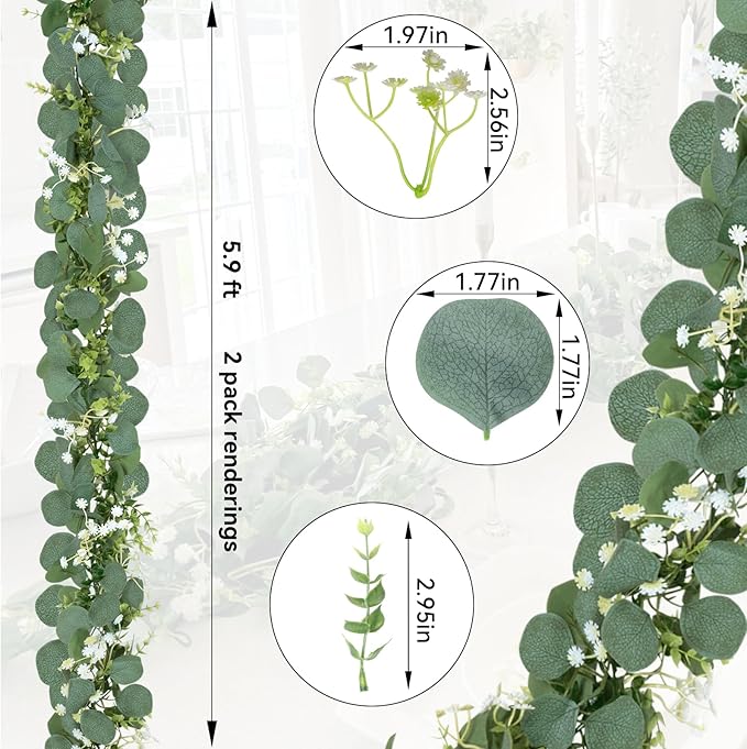 CQURE 4 Pack 5.9Ft Eucalyptus Garland,Artificial Eucalyptus Flowers Leaves Table Greenery Garland Wreath Vines for Wedding Party Table Fireplace Bedroom Wall Room Decor