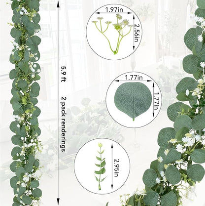 CQURE 4 Pack 5.9Ft Eucalyptus Garland,Artificial Eucalyptus Flowers Leaves Table Greenery Garland Wreath Vines for Wedding Party Table Fireplace Bedroom Wall Room Decor