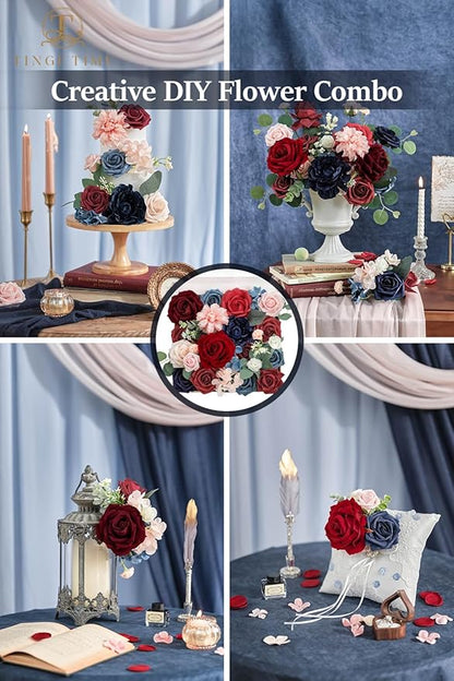 TINGE TIME Artificial Flowers Combo Mix Silk Flowers Pink Roses w/stem for DIY Wedding Bridal Bouquets Baby Shower Floral Arrangement Table Centerpieces Home Decorations (Red & Navy Blue & Pink)