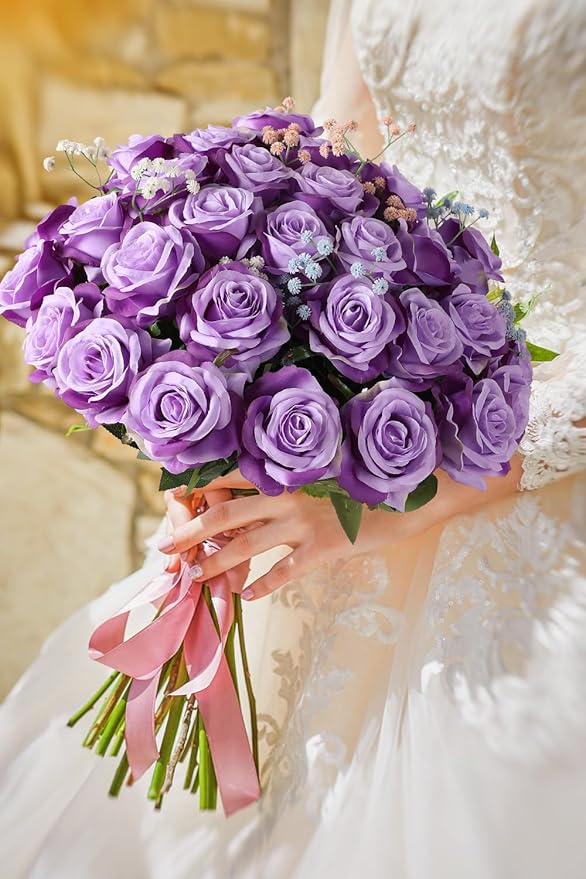 Luyue 10PCS Artificial Roses Flower with Stems Slik Fake Flowers Bouquet Realistic Long Stem Faux Rose for Valentines Day Wedding Home Decor