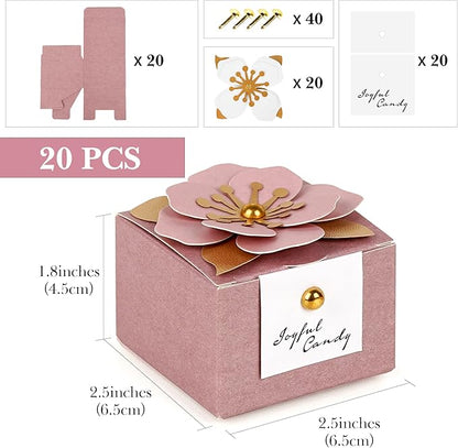 Linkidea 20 Pcs Pink Floral Folding Candy Gift Boxes 2.55" x 2.55" x 1.77" for Wedding Favors, Elegant Party Thank You Boxes with Tags